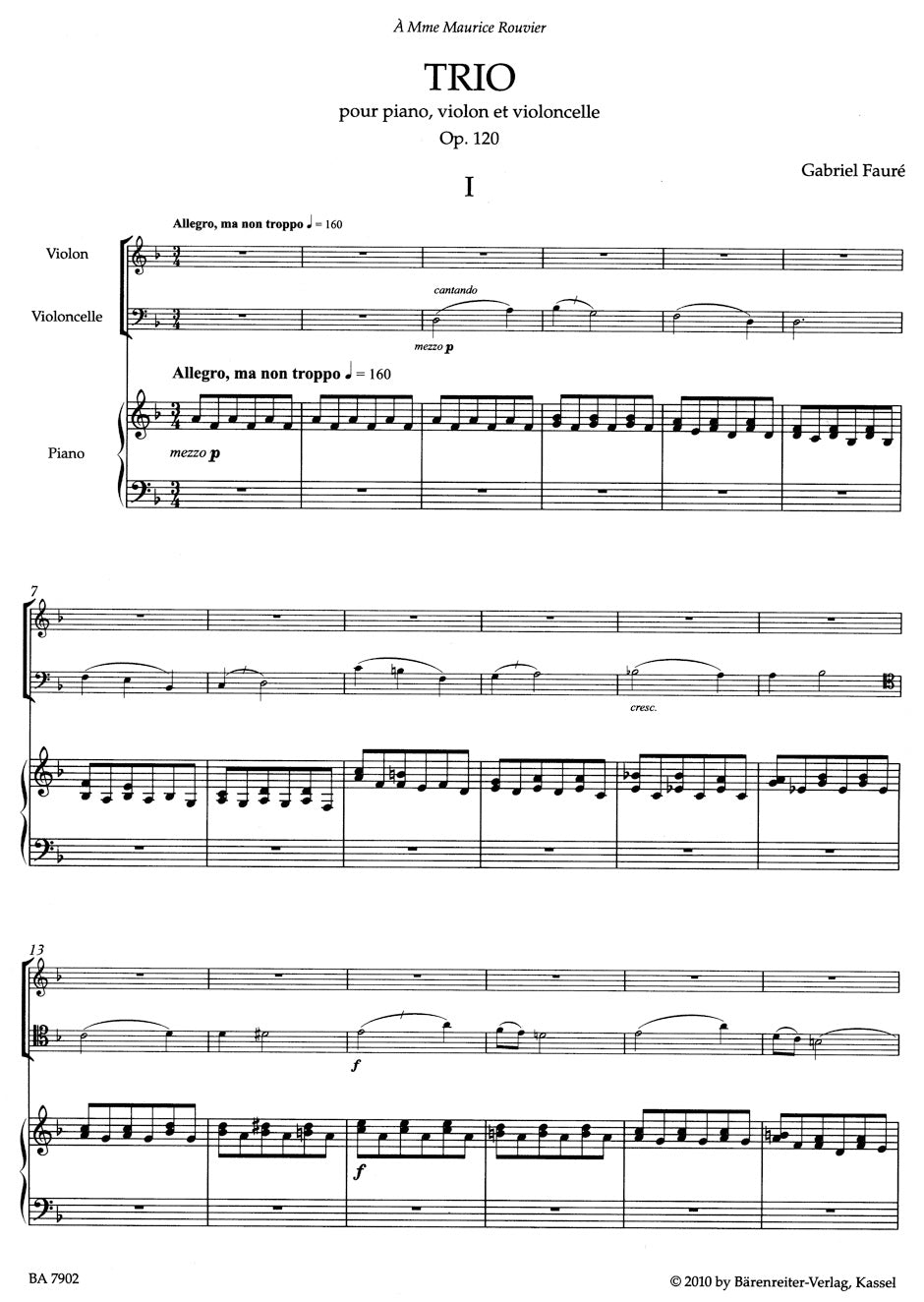 Faure Trio for Piano, Violin and Violoncello op. 120 N 194