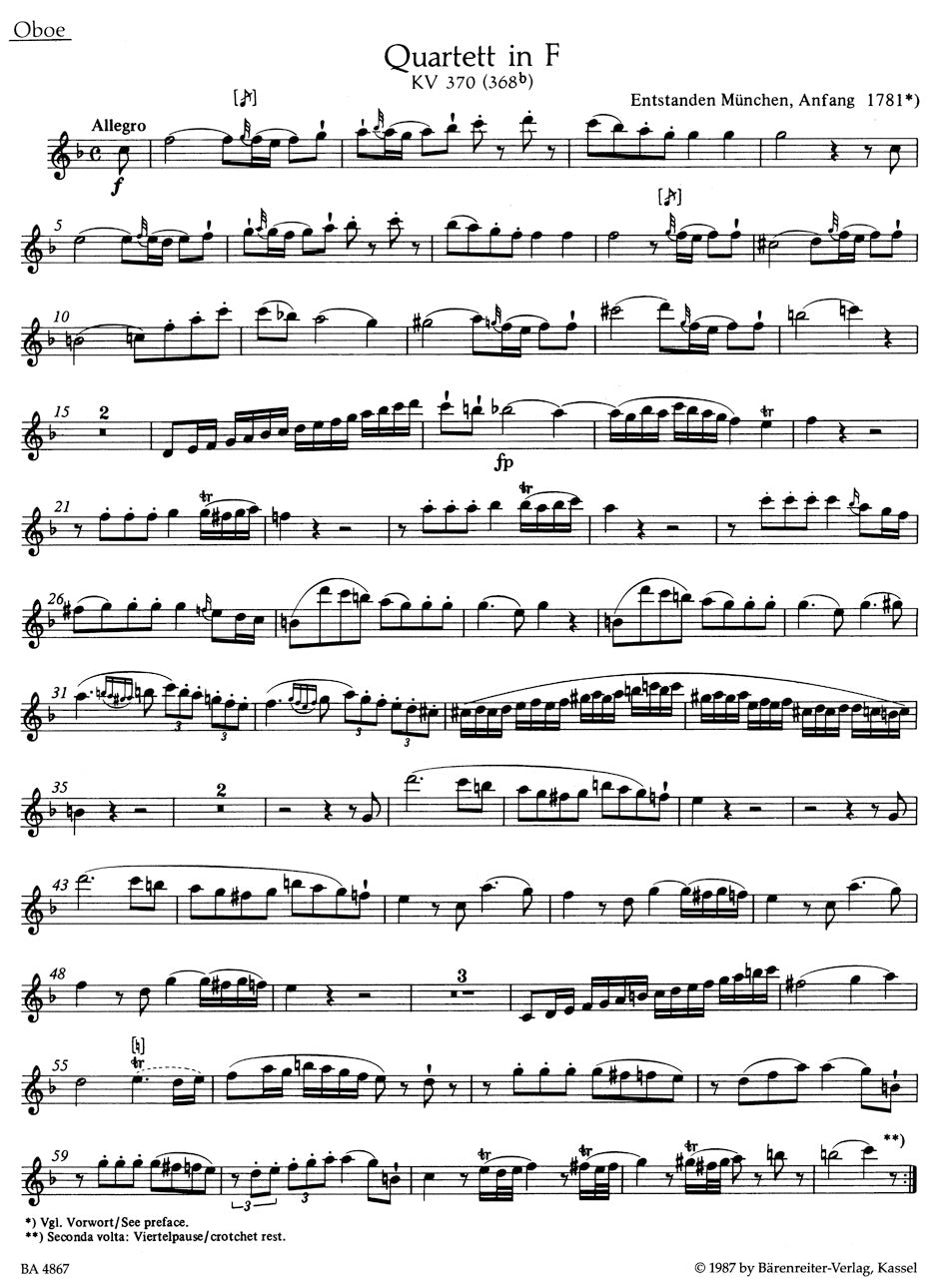 Mozart Quartet for Oboe, Violin, Viola and Violoncello in F major K 370 (368b)