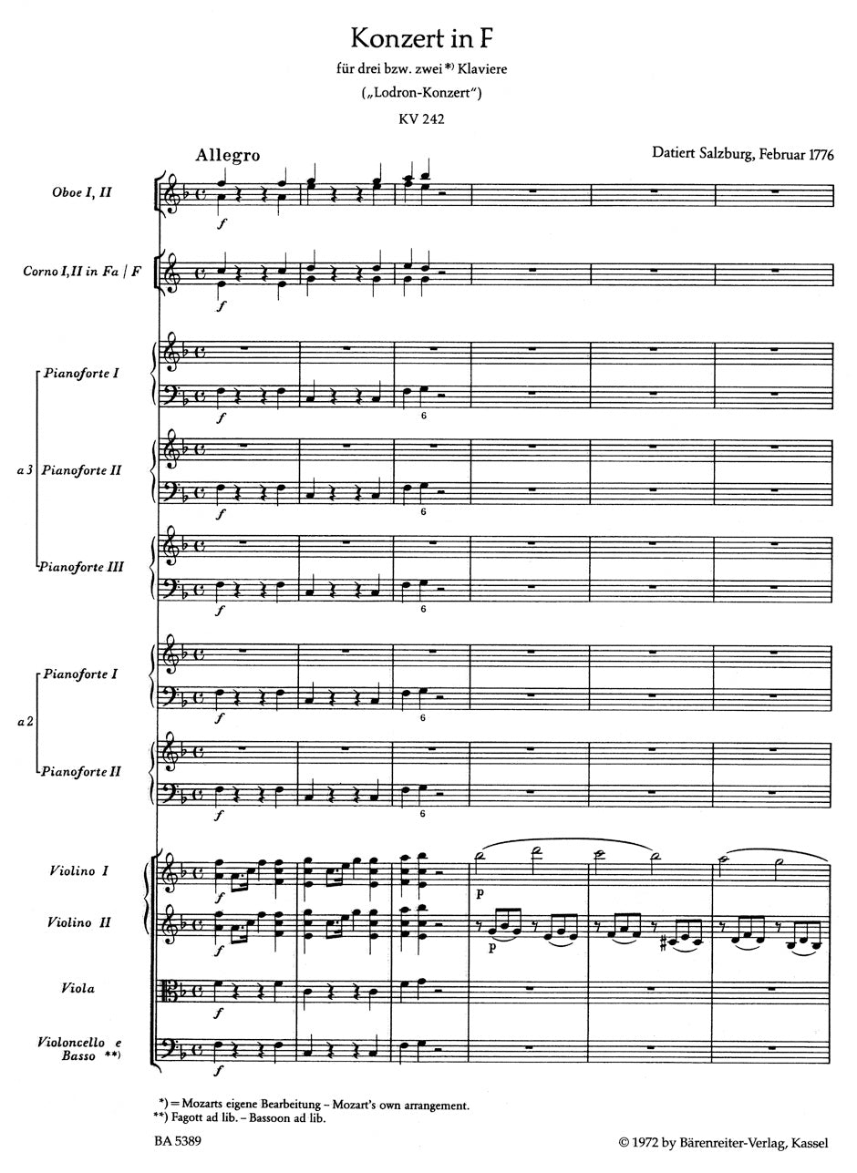 Mozart Concerto for three or Two Pianos and Orchestra Nr. 7 F major K. 242 "Lodron Concerto"