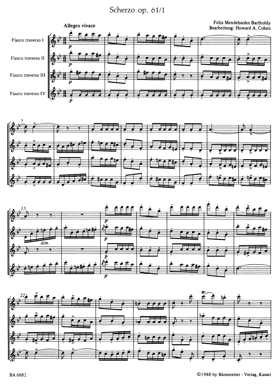 Mendelssohn Scherzo from A Midsummer Night's Dream for 4 Flutes