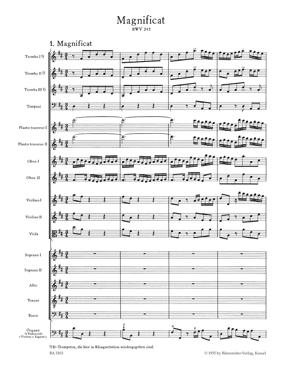 Bach Magnificat D major BWV 243 (2nd version with the 4 inserts from the E-flat major version (transposed)) Full Score