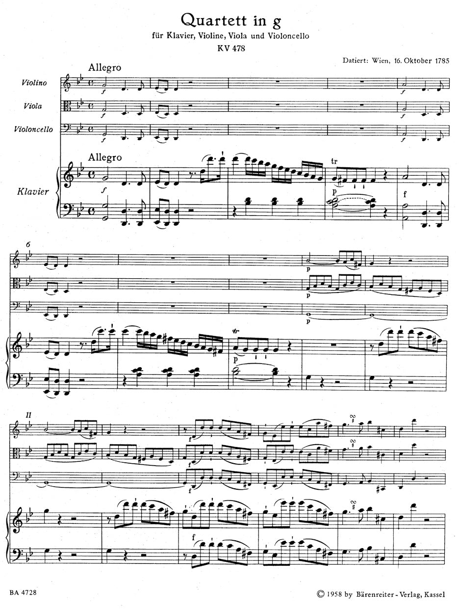 Mozart Quartet for Piano, Violin, Viola and Violoncello in g minor K 478