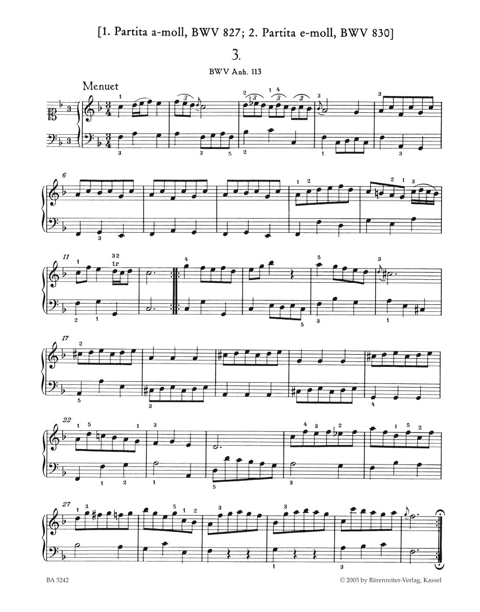 Bach Notebook for Anna Magdalena Bach (1725) with Fingerings