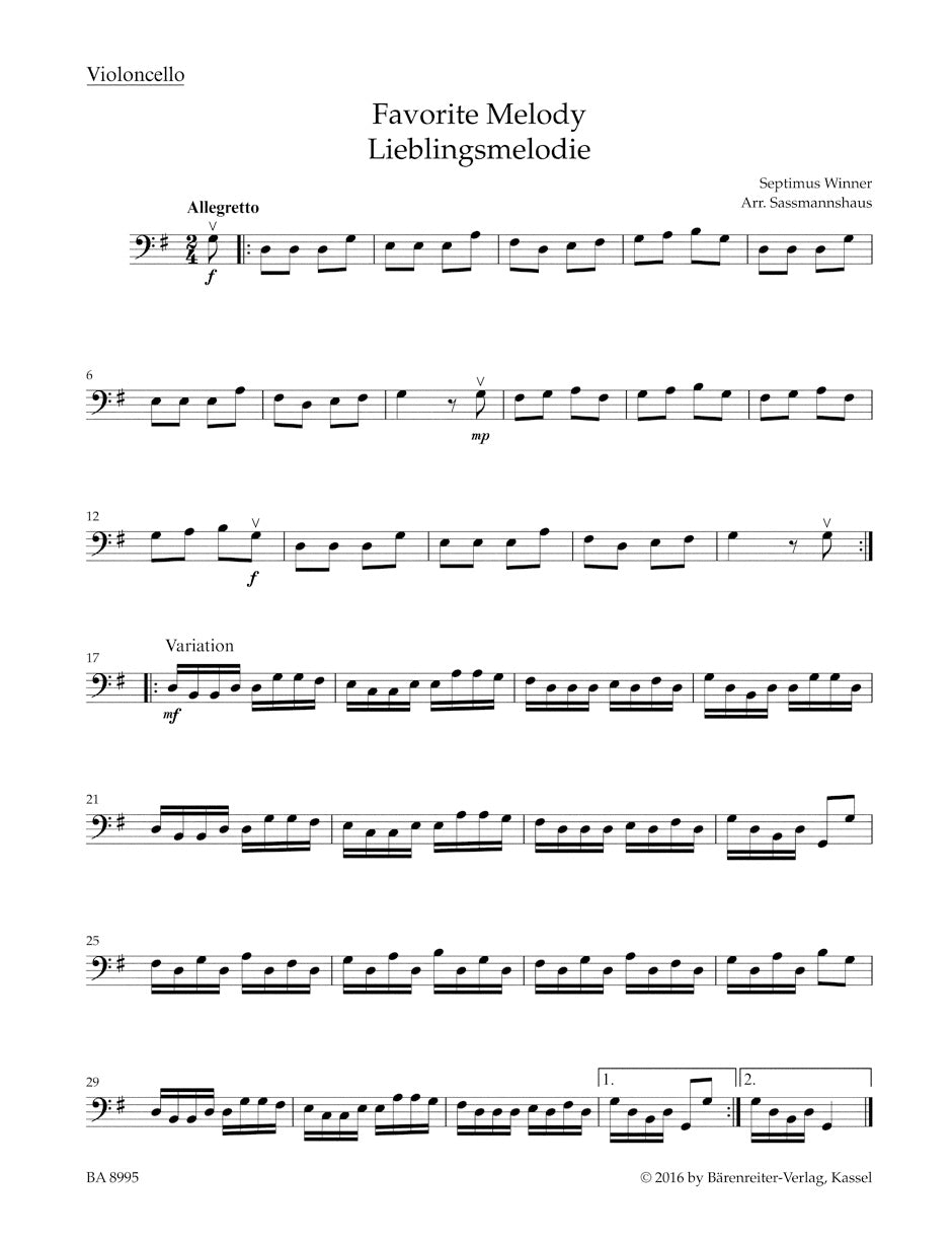 Sassmannshaus Cello Recital Album, Volume 2 -12 Recital Pieces in First Position for Cello and Piano or Two Celli-