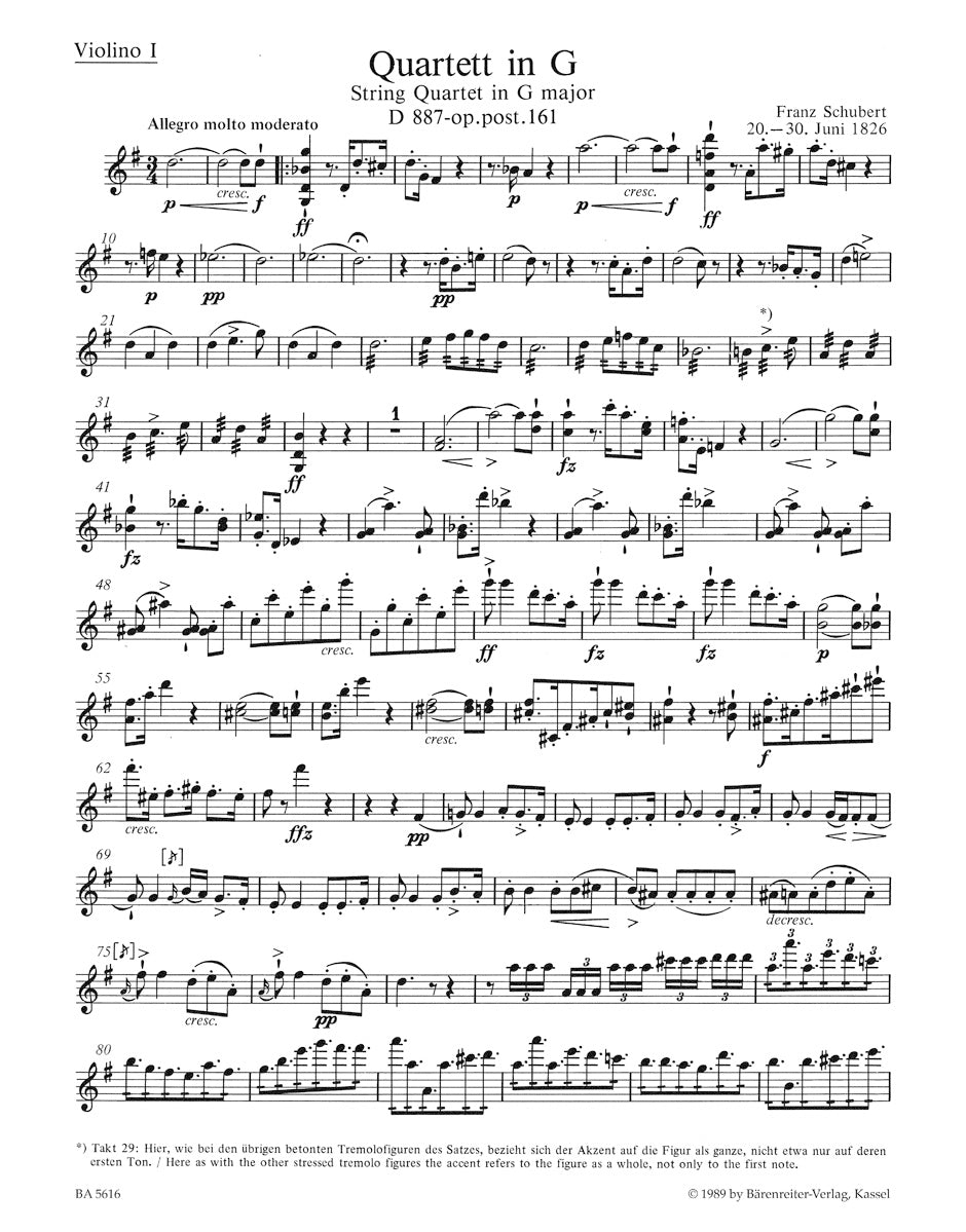 Schubert String Quartet in G major Opus Posthumous 161 D 887