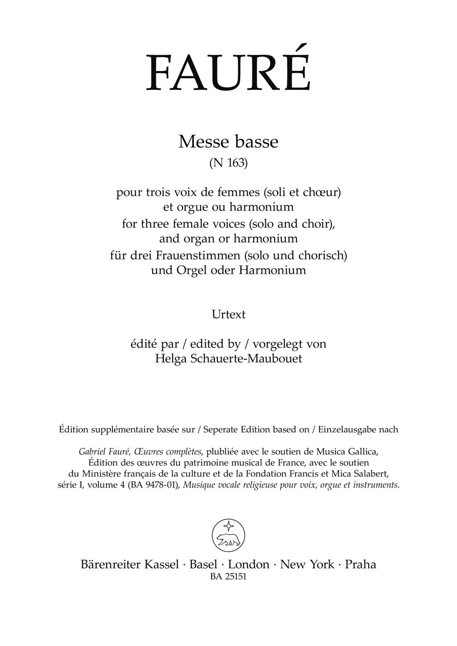 Faure Messe basse for three female voices (solo and choir), and organ or harmonium N 16