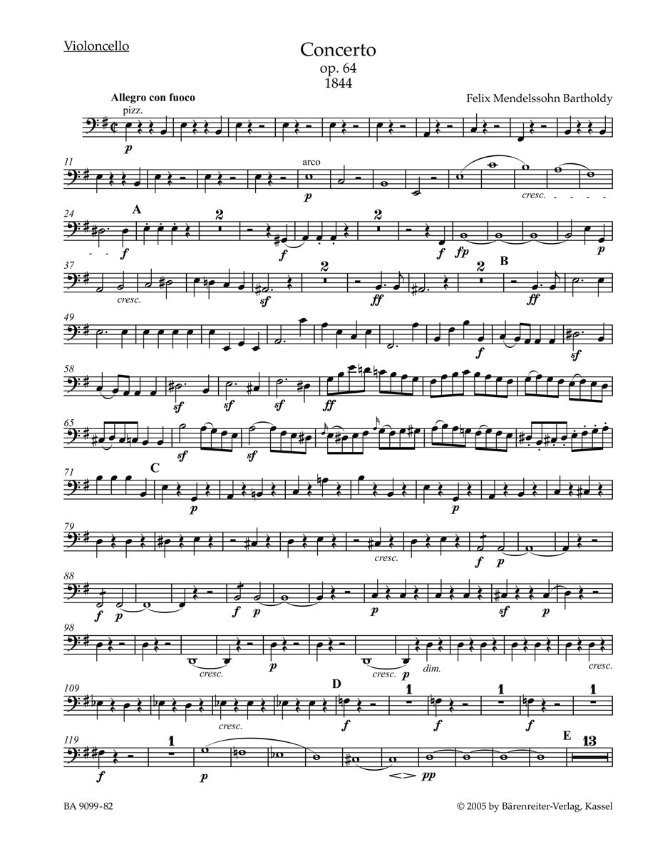 Mendelssohn Cello Part for Concerto for Violin and Orchestra Cello Part