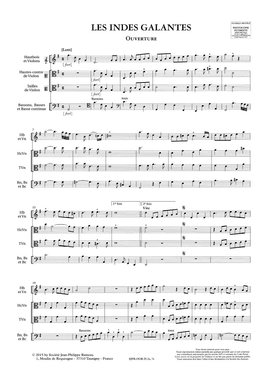 Rameau Les Indes galantes RCT 44 -Ballet héro´que in one prologue and vier acts- (Symphonies / Version 1736)