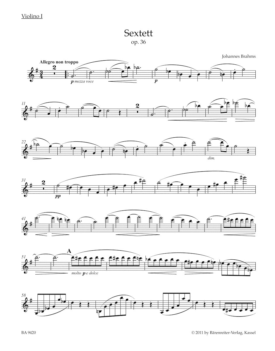 Brahms Sextet for 2 Violins, 2 Violas and 2 Violoncellos in G major Opus 36