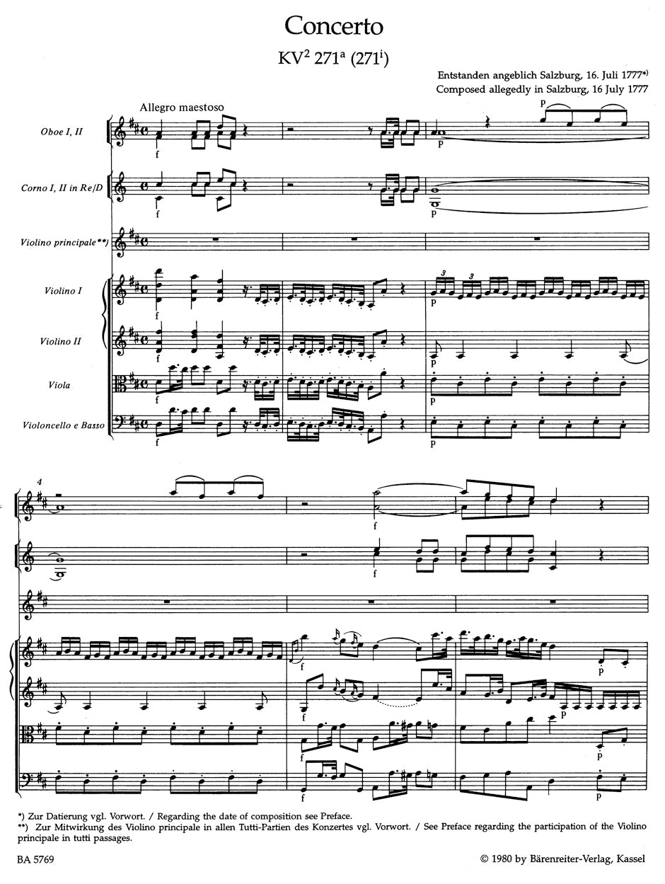 Mozart Concerto for Violin und Orchestra D-major K. 271a (271i)