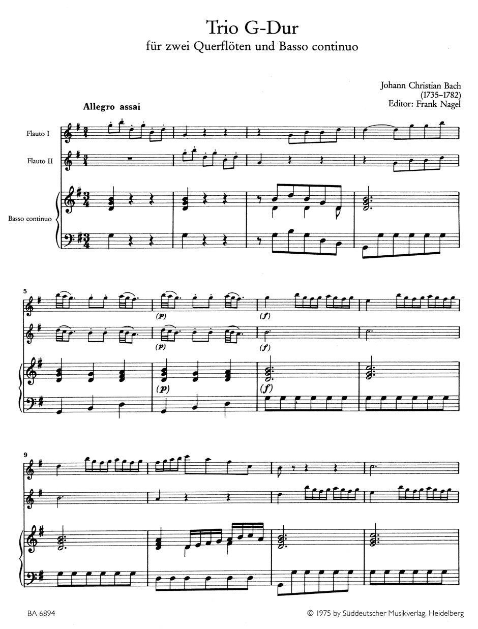 J.C. Bach: Trio in G Major for two Flutes and Basso continuo