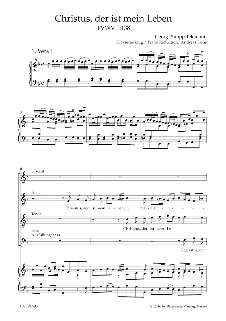 Telemann Christus, der ist mein Leben TVWV 1:138 (Chorale Setting)