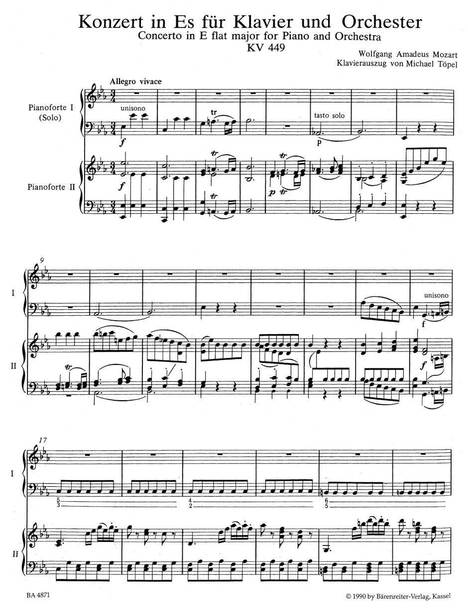 Mozart Concerto No 14 in E flat major K 449 - Version for Piano and String Quartet