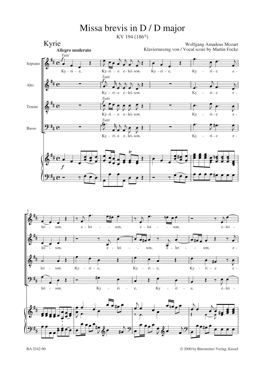 Mozart Missa brevis D major K. 194 (186h)
