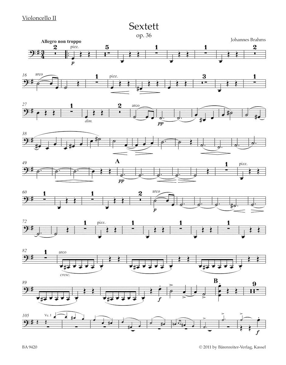 Brahms Sextet for 2 Violins, 2 Violas and 2 Violoncellos in G major Opus 36