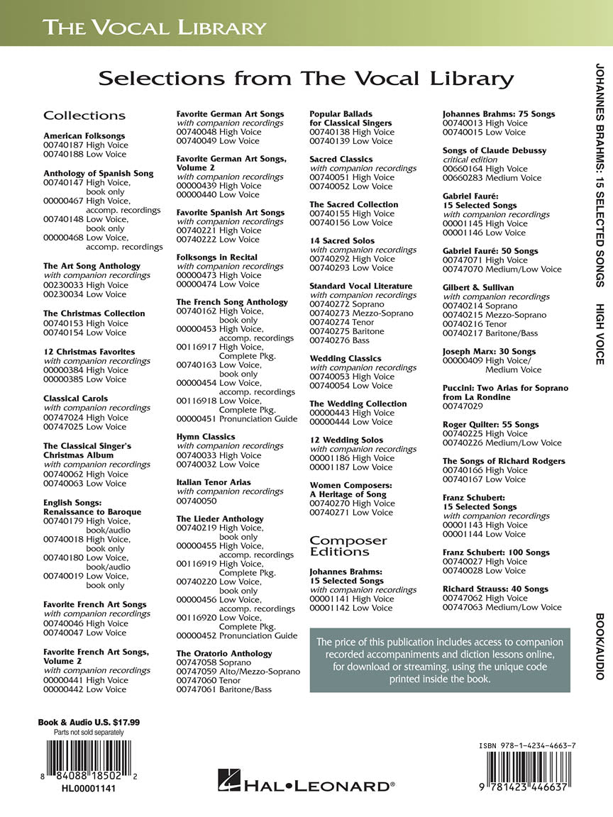 Brahms: 15 Selected Songs High Voice