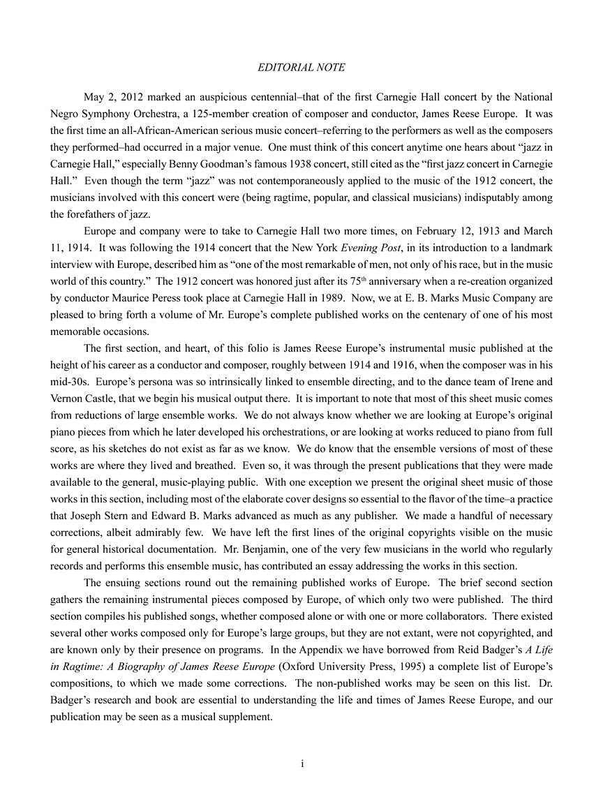 Europe, James Reese - Music Of - Solo Piano & Voice and Piano