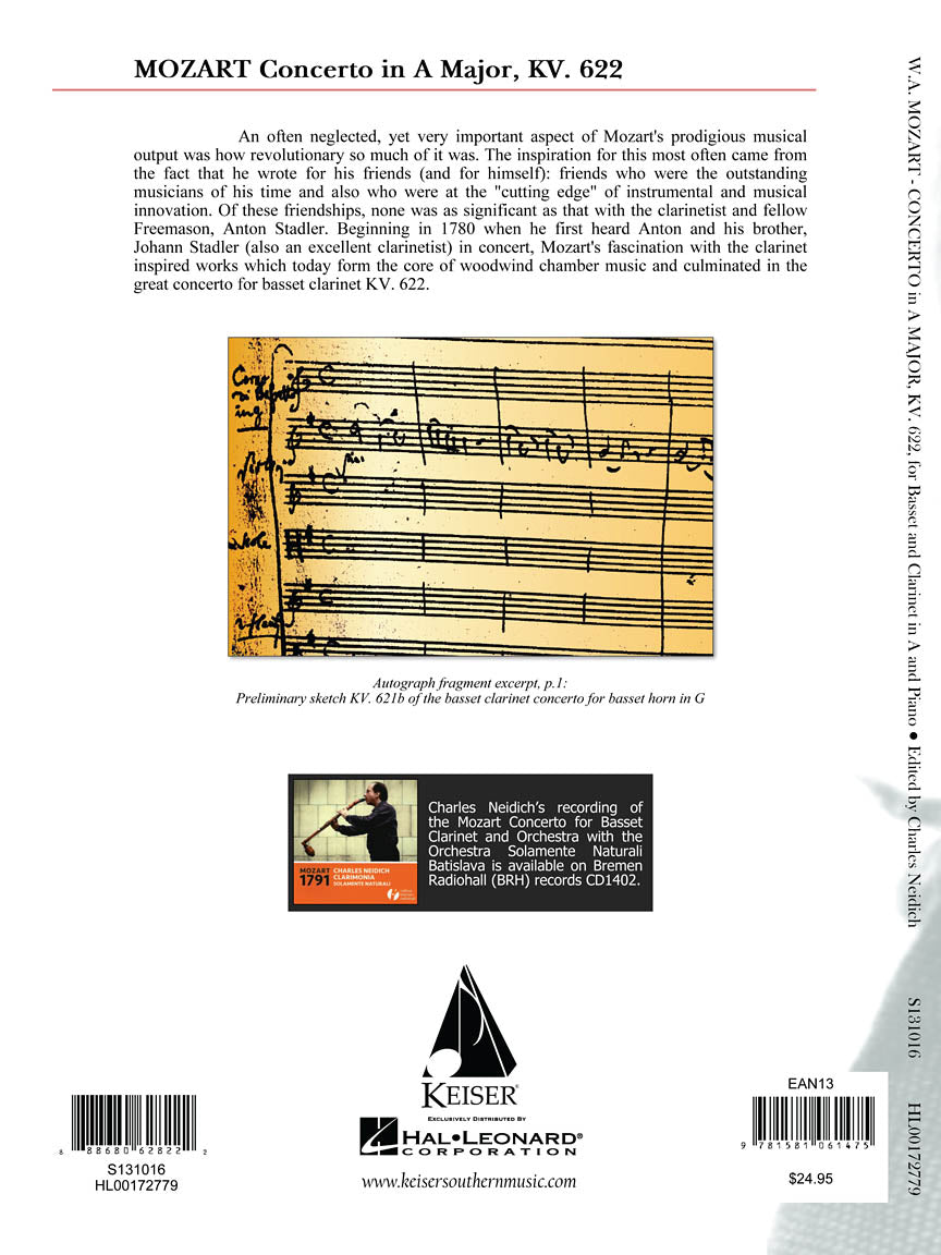 Mozart Clarinet Concerto, K. 622 Critical Urtext Edition - Clarinet and Piano Reduction