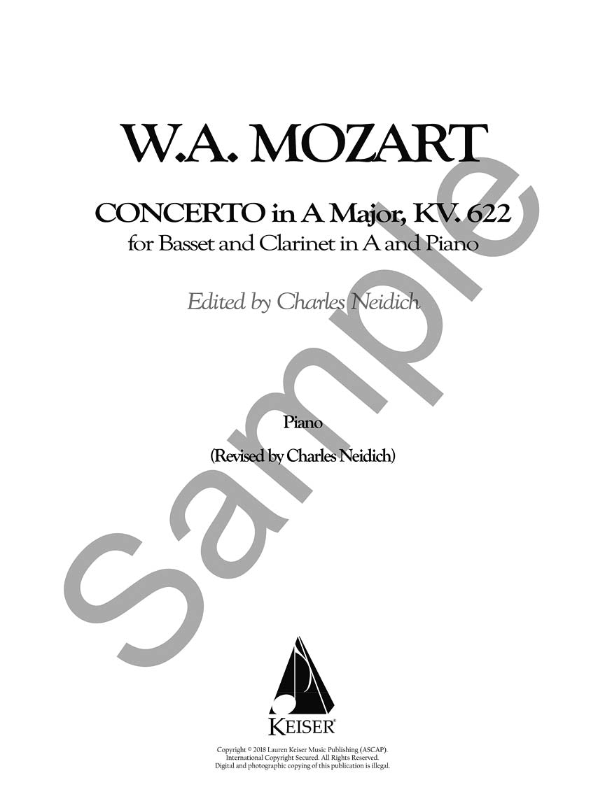 Mozart Clarinet Concerto, K. 622 Critical Urtext Edition - Clarinet and Piano Reduction