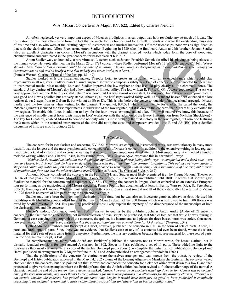 Mozart Clarinet Concerto, K. 622 Critical Urtext Edition - Clarinet and Piano Reduction