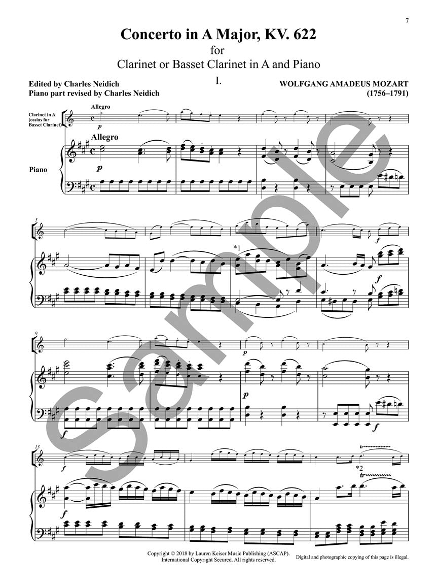 Mozart Clarinet Concerto, K. 622 Critical Urtext Edition - Clarinet and Piano Reduction