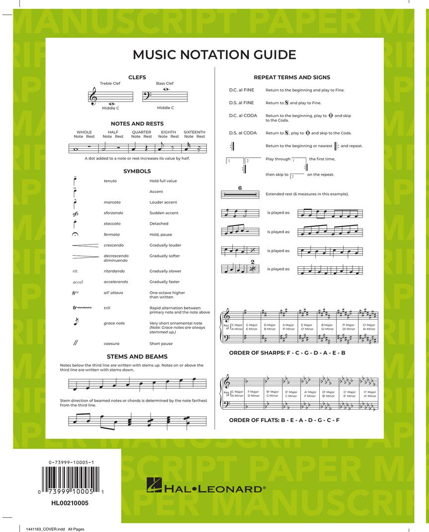 Manuscript Paper Wire-Bound: Hal Leonard, Standard (Green Cover) 96pgs (8.5" x 11")