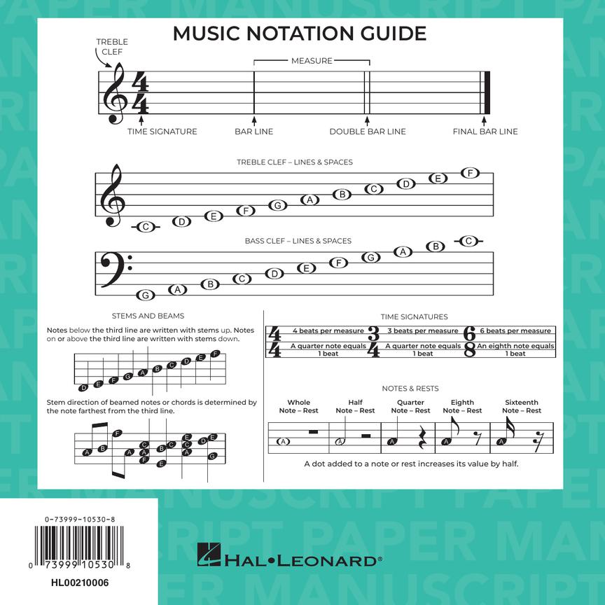 Manuscript Paper Wire-Bound: Hal Leonard (Wide Staff) 32pgs, 6 staves, (8.5" x 8.5")(Aqua Cover)