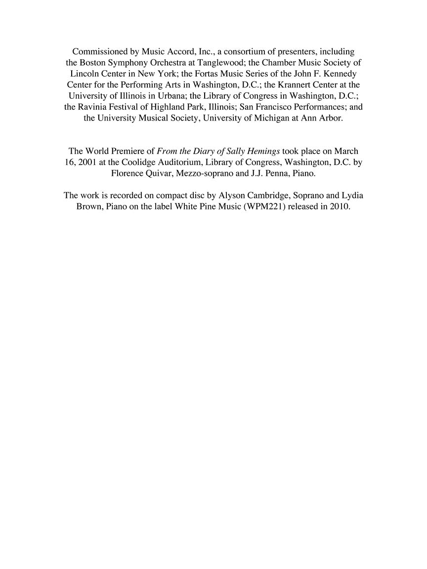 From the Diary of Sally Hemings - Medium Voice and Piano