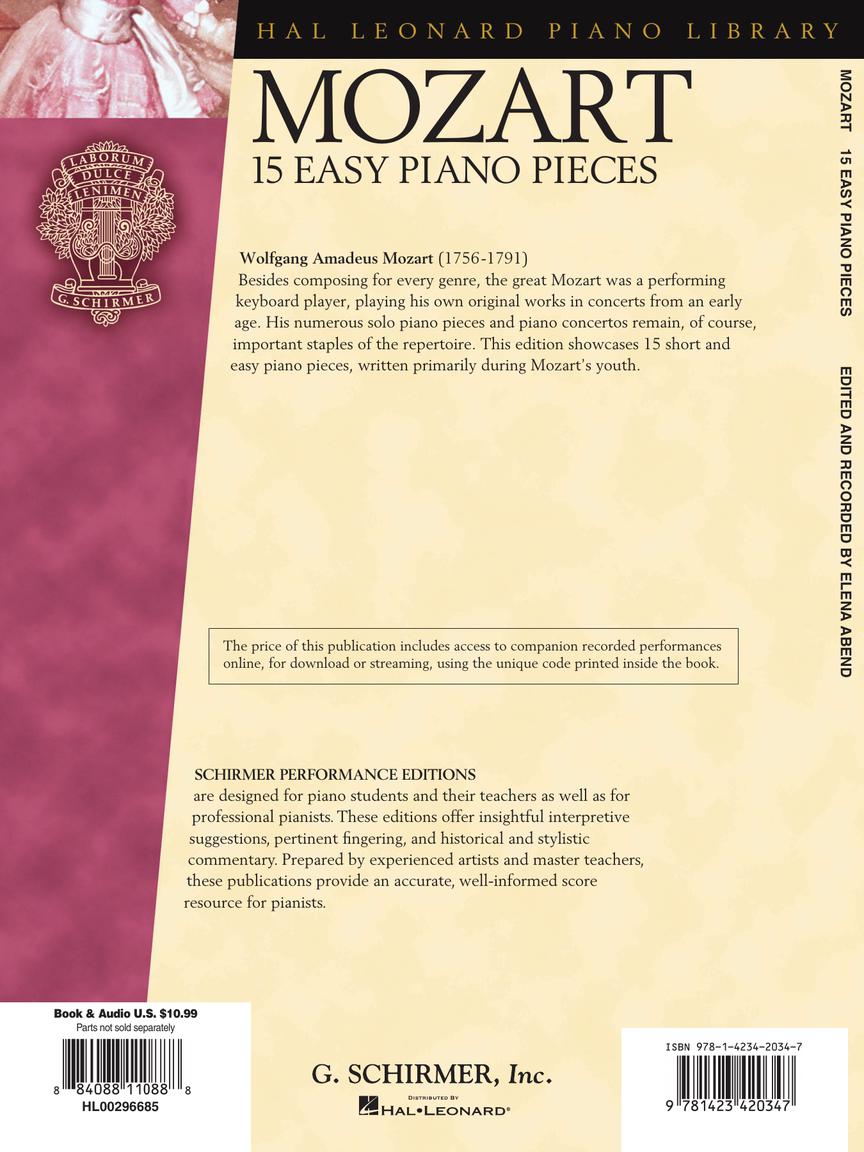Mozart 15 Easy Piano Pieces - Schirmer Performance Editions