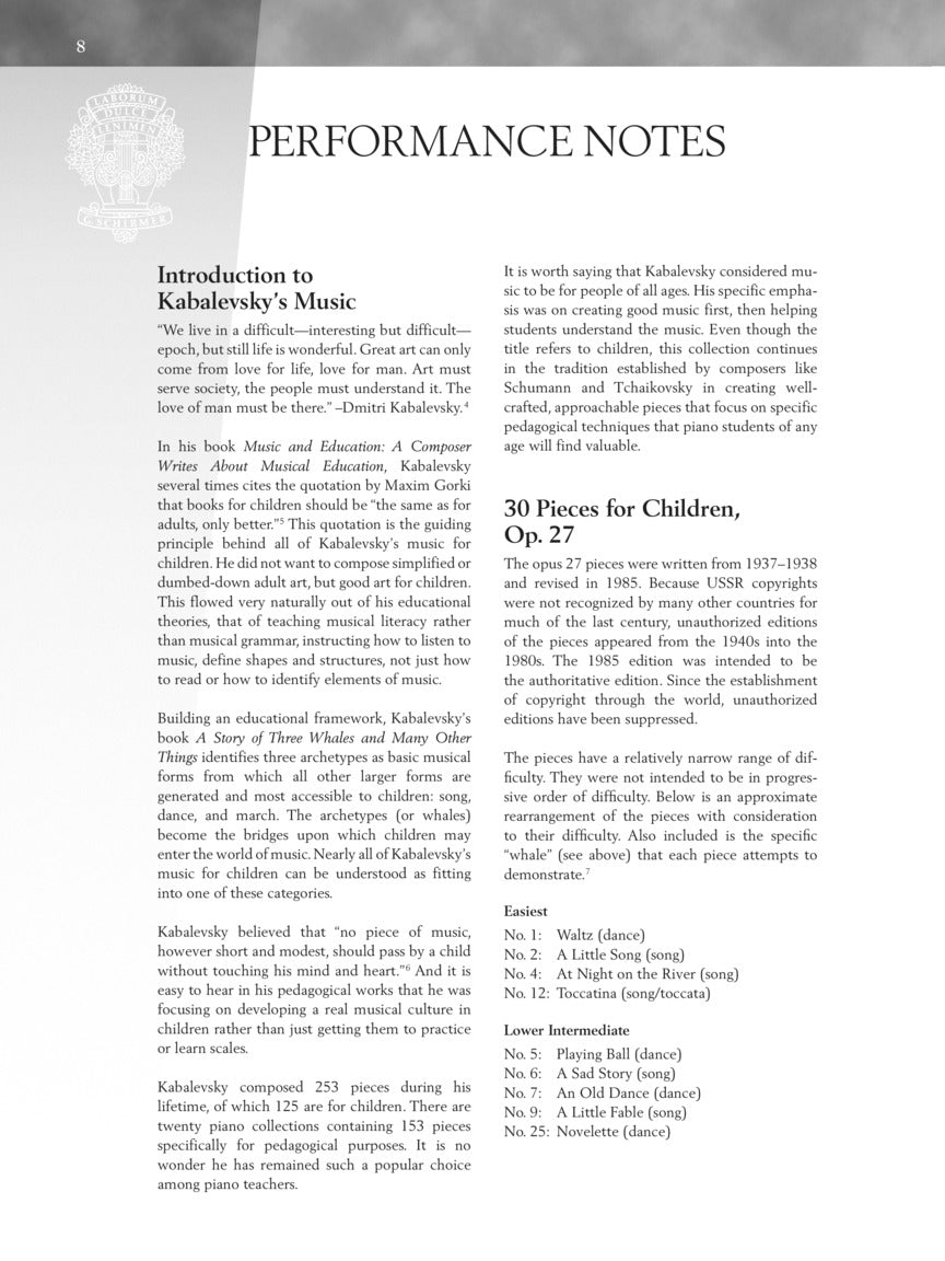 Kabalevsky, Dimitri - Piano Pieces For Children, Op. 27 And 39 Schirmer Performance Edition