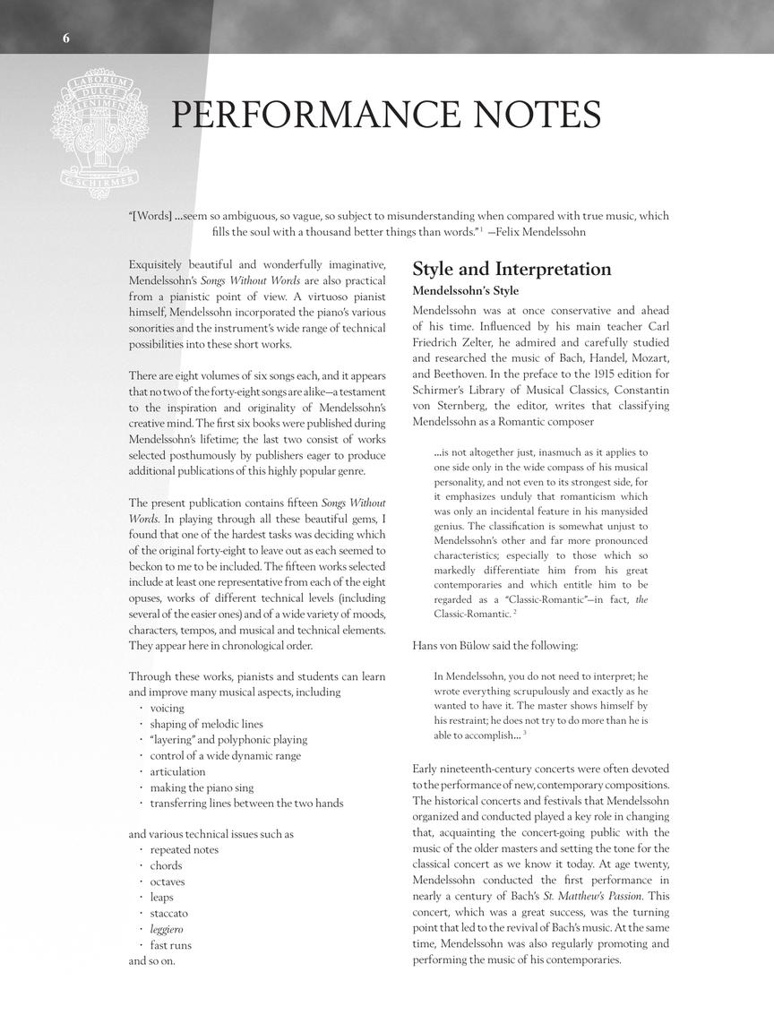 Mendelssohn - Selections from Songs Without Words - Schirmer Performance Editions