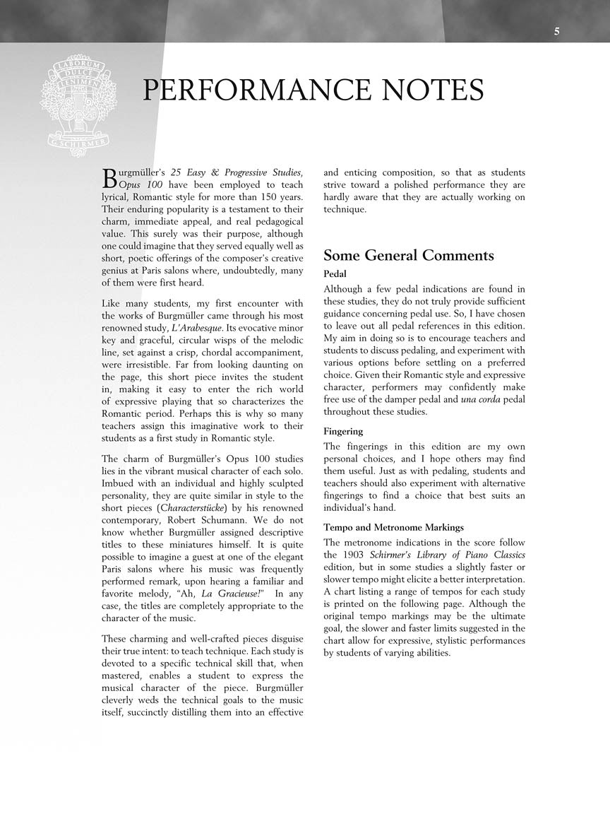 Burgmüller - 25 Progressive Studies, Op. 100 - Schirmer Performance Editions