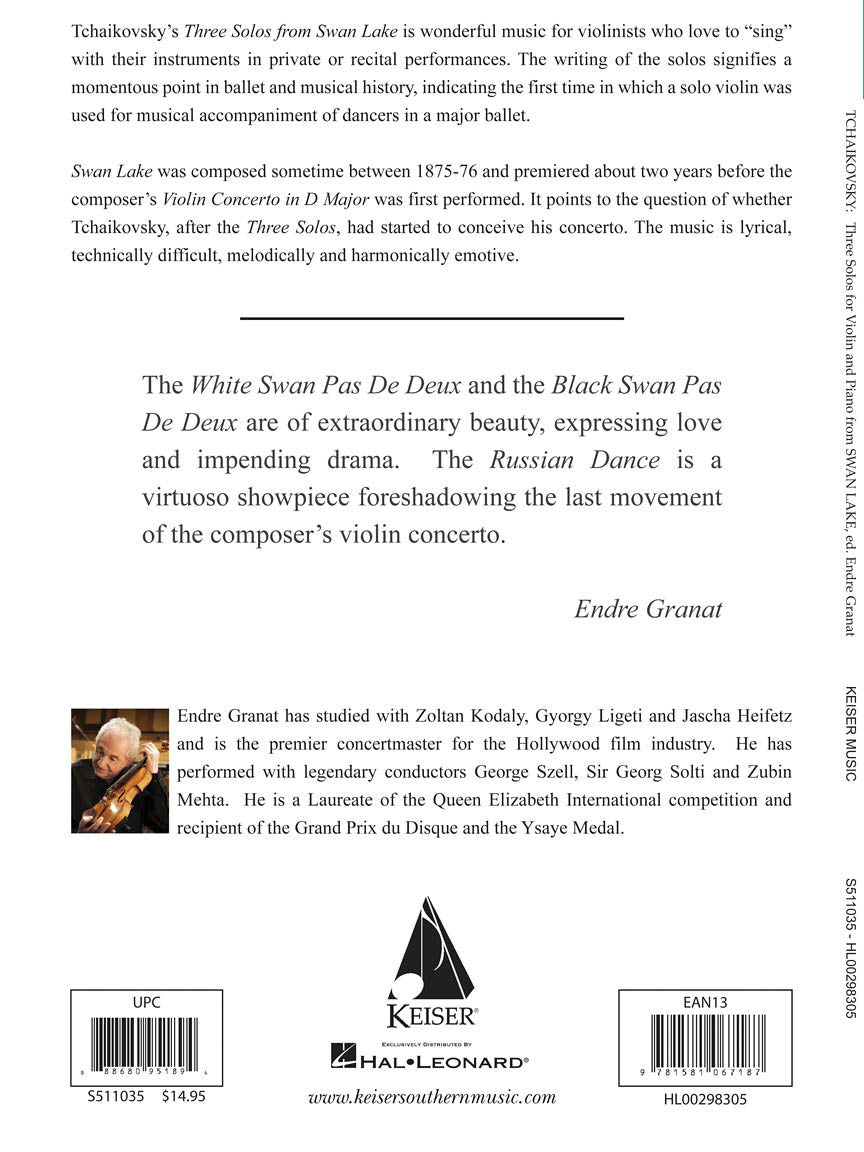 Tchaikovsky Swan Lake: Three Solos from the Ballet for Violin and Piano