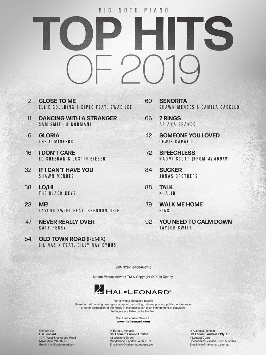 Top Hits of 2019 - Big-Note Piano