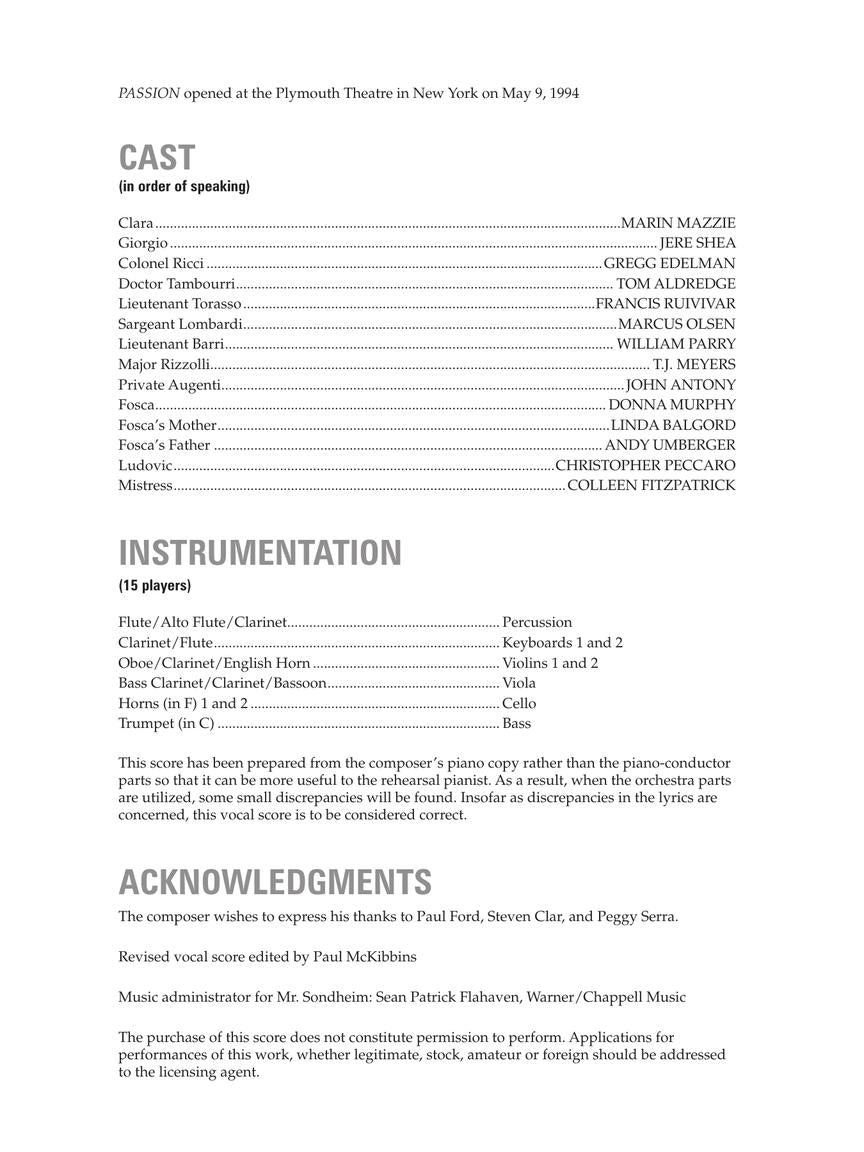 Sondheim Passion - Vocal Score Revised Edition