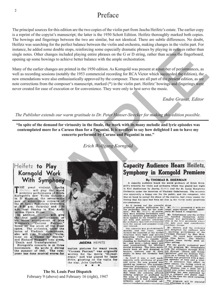 Korngold Violin Concerto In D Major, Op. 35 Violin Solo Part Only Critical Edition