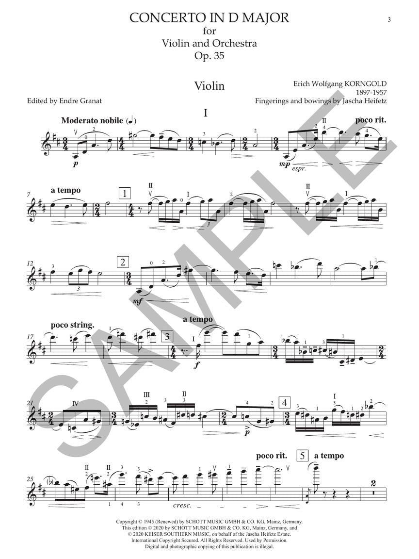 Korngold Violin Concerto In D Major, Op. 35 Violin Solo Part Only Critical Edition