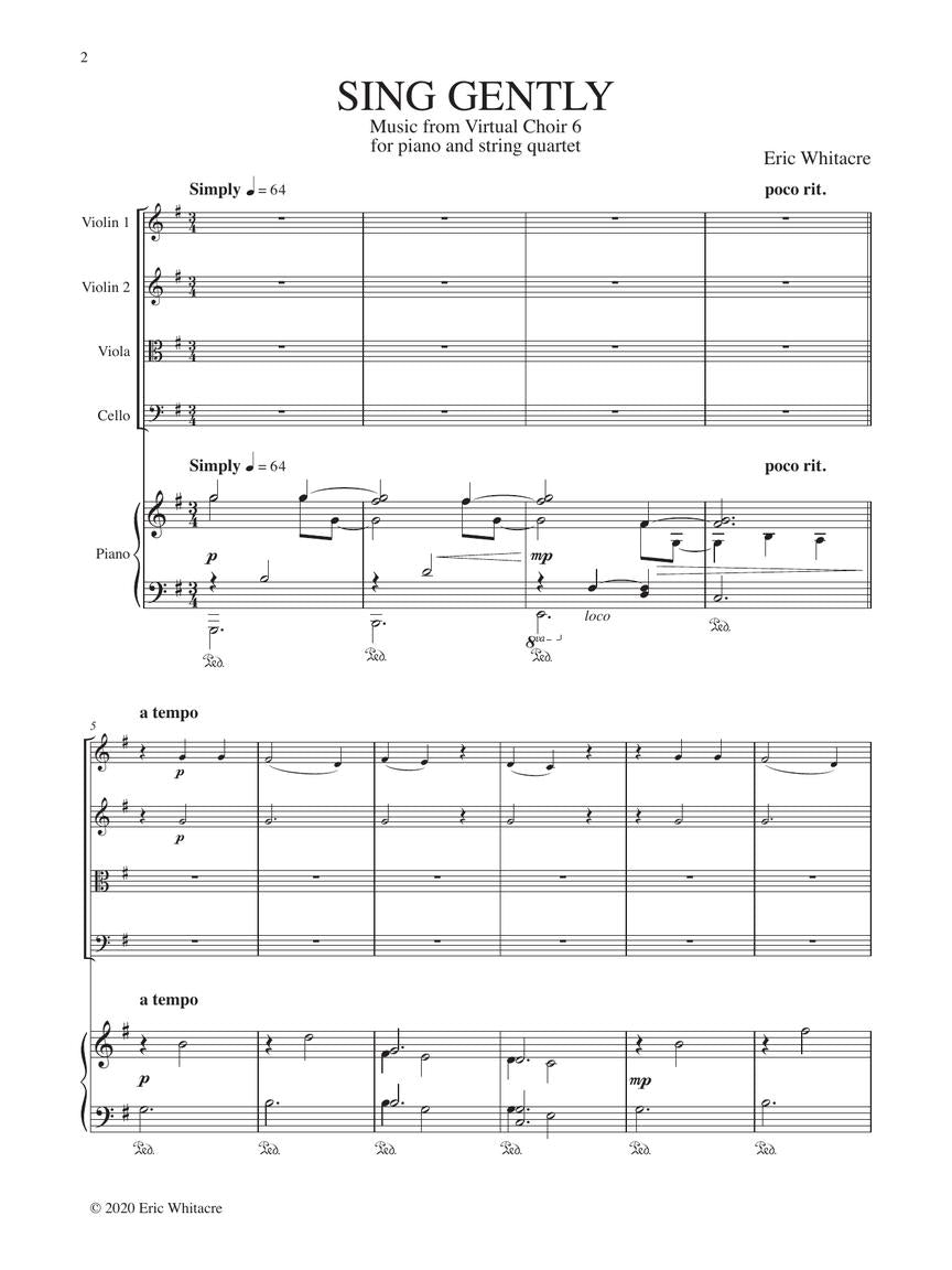 Whitacre Sing Gently (Music from Virtual Choir 6) for Piano Quintet