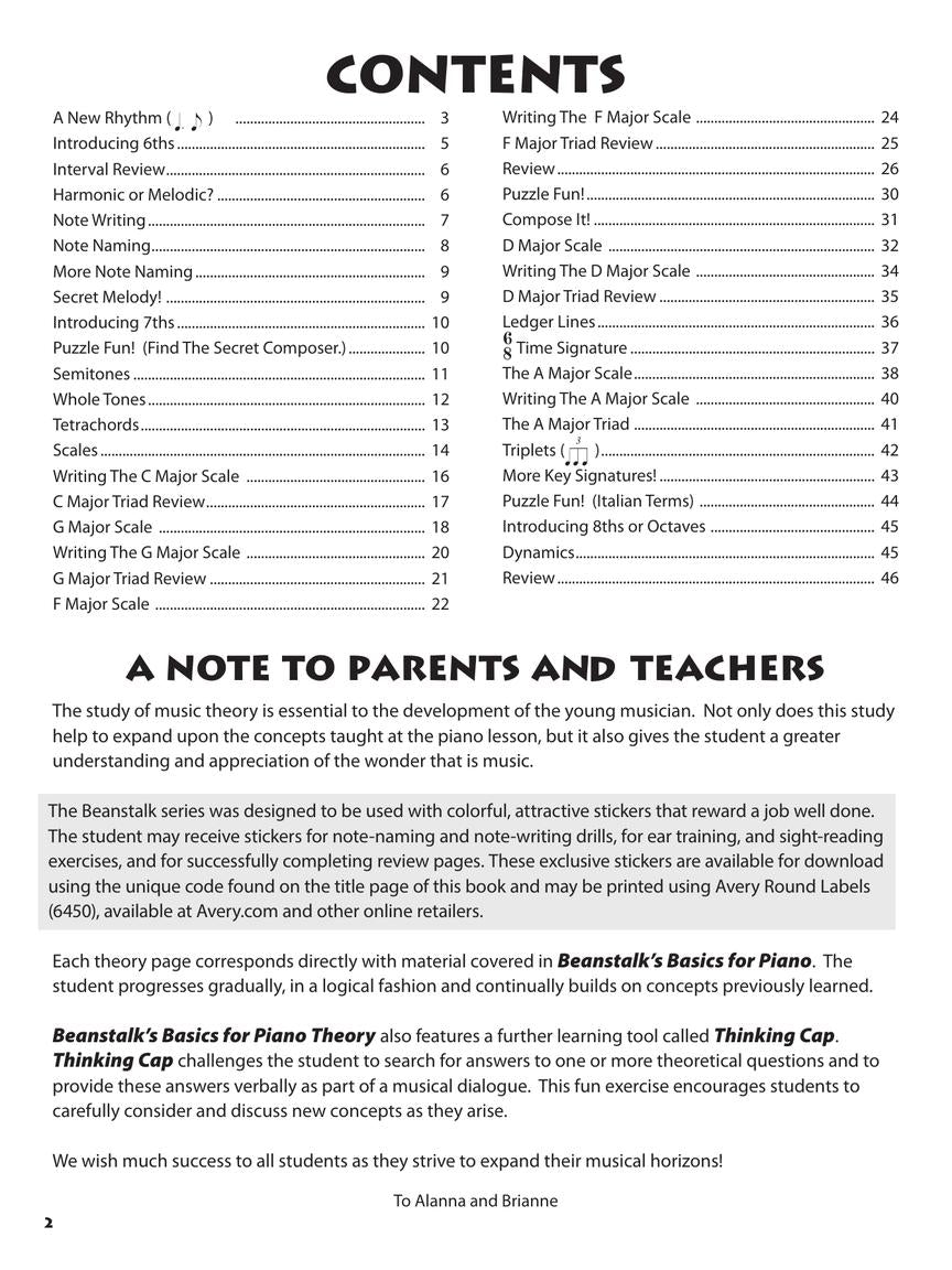 Beanstalk's Basics for Piano Theory Book Level 2