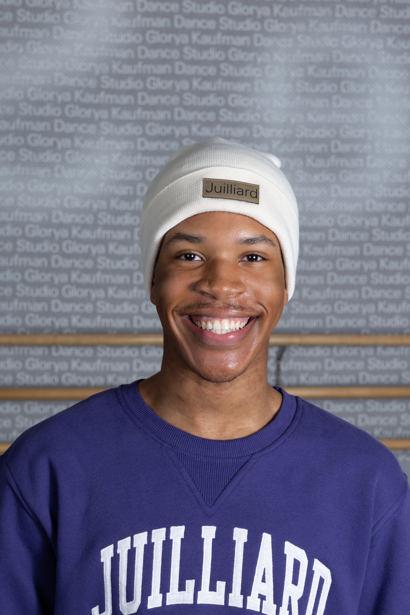 Beanie: Cream Juilliard cuff beanie with leather patch (cream)