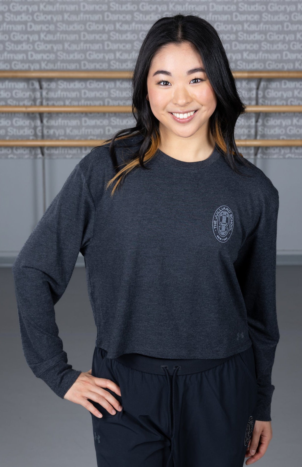 Clearance: T-Shirt: Juilliard Long-Sleeve Stretchy Crop by Under Armour with seal on left chest