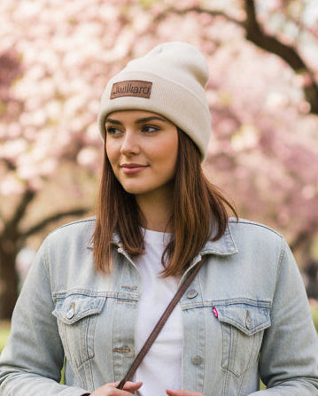 Clearance: Beanie: Cream Juilliard cuff beanie with leather patch (cream)