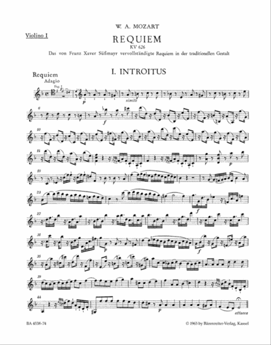 Mozart: Requiem K. 626 Violin 1 part Urtext edition