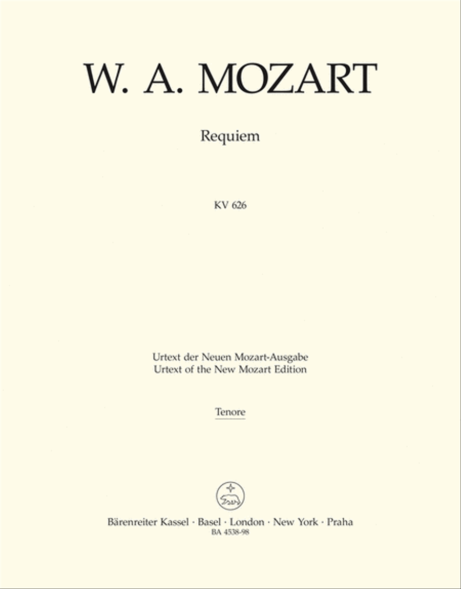 Mozart: Requiem K. 626 Tenor (Choral voice)  Part, Urtext edition