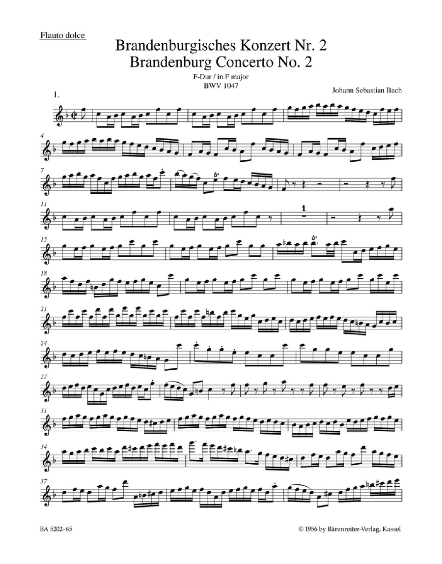 Bach: Trumpet, Treble recorder, Oboe  Wind set, Urtext edition Brandenburg Concerto no. 2 in F major BWV 1047