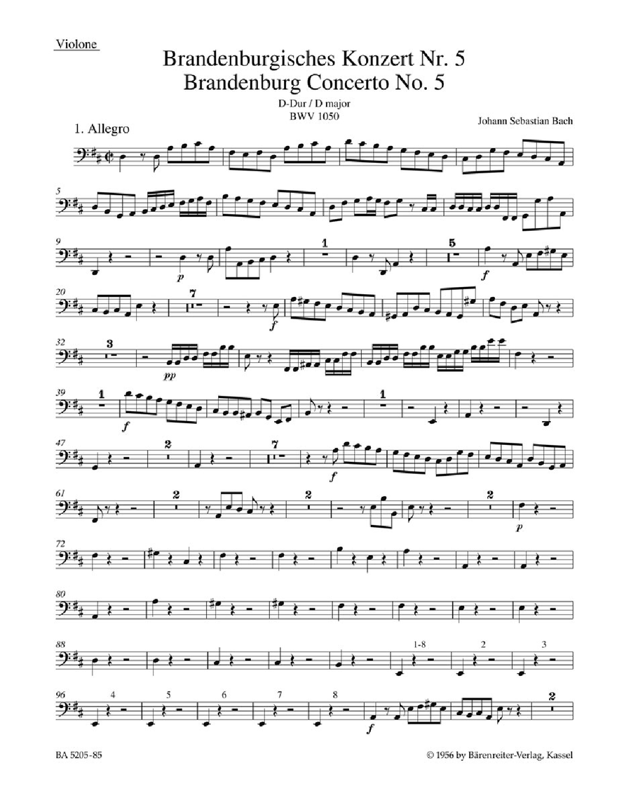 Bach: Double Bass part Brandenburg Concerto No. 5 BWV 1050 and Concerto No. 5
