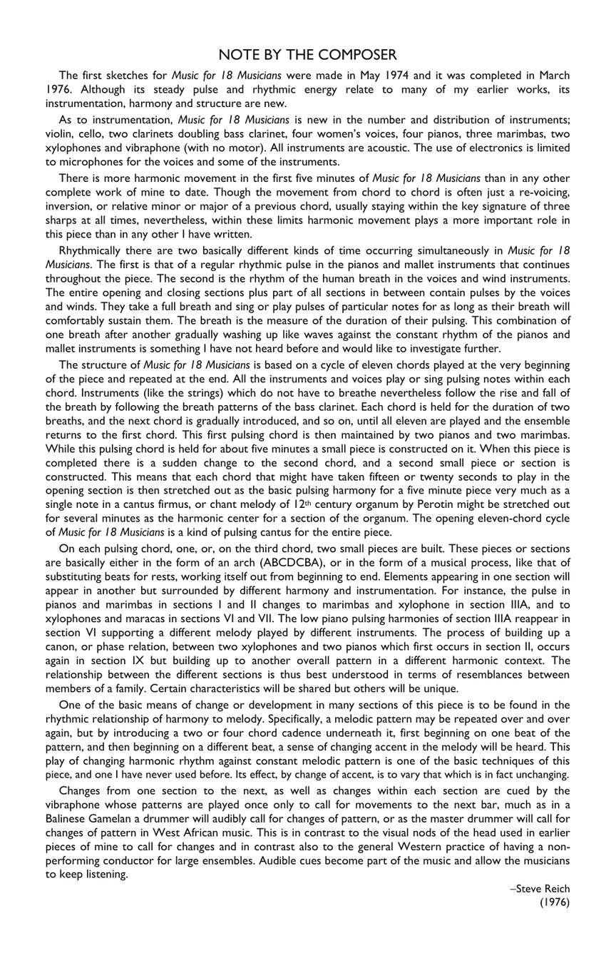 Reich Music for 18 Musicians Score