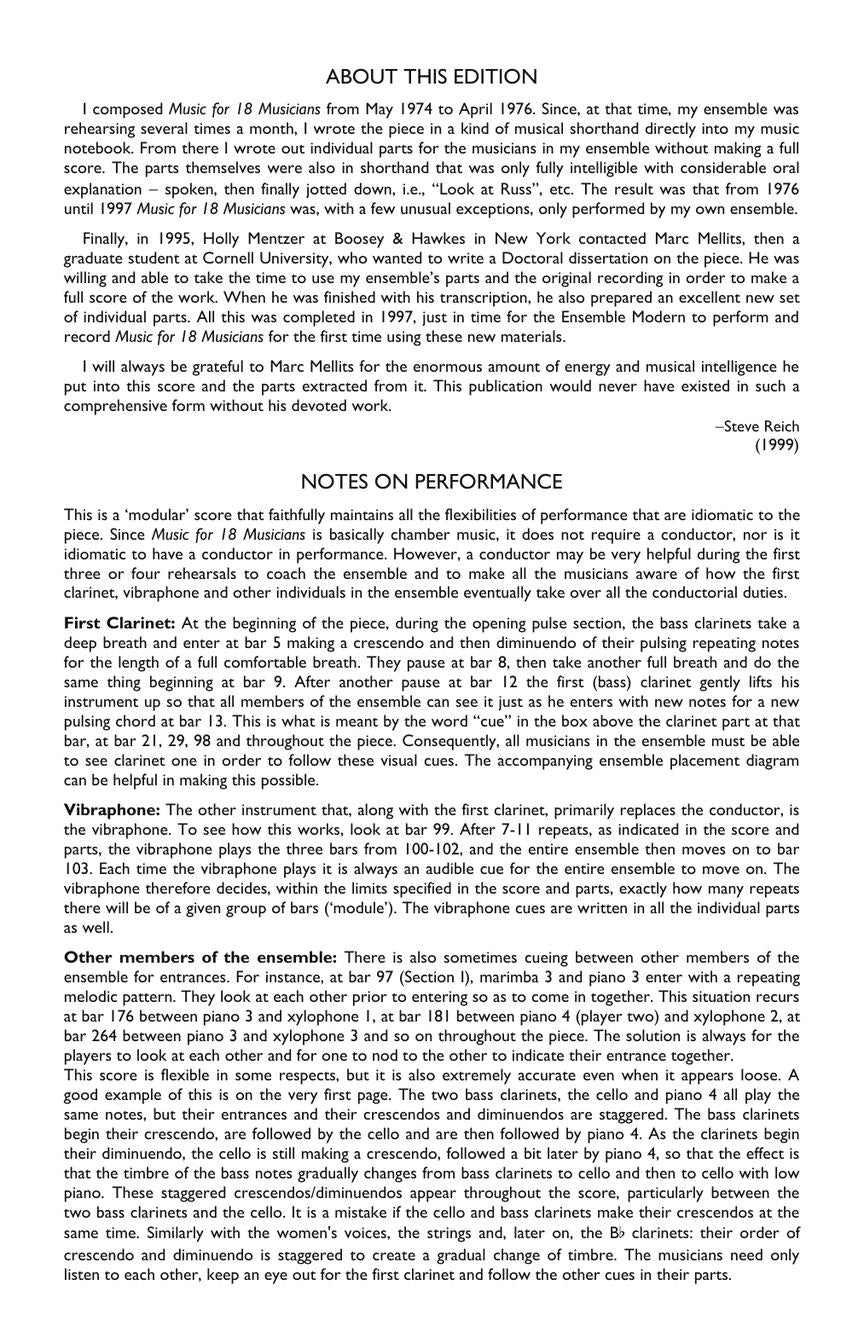 Reich Music for 18 Musicians Score