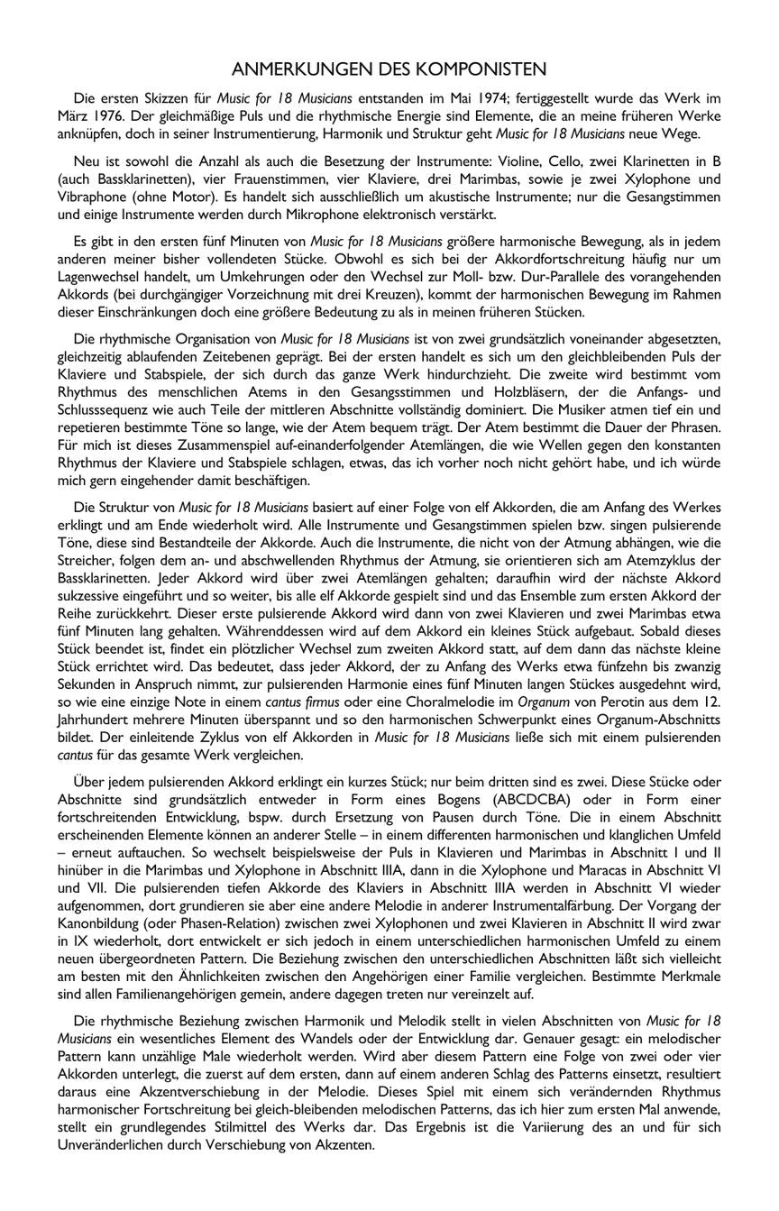 Reich Music for 18 Musicians Score