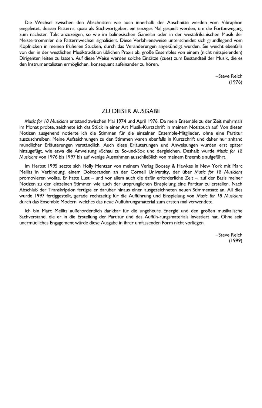 Reich Music for 18 Musicians Score